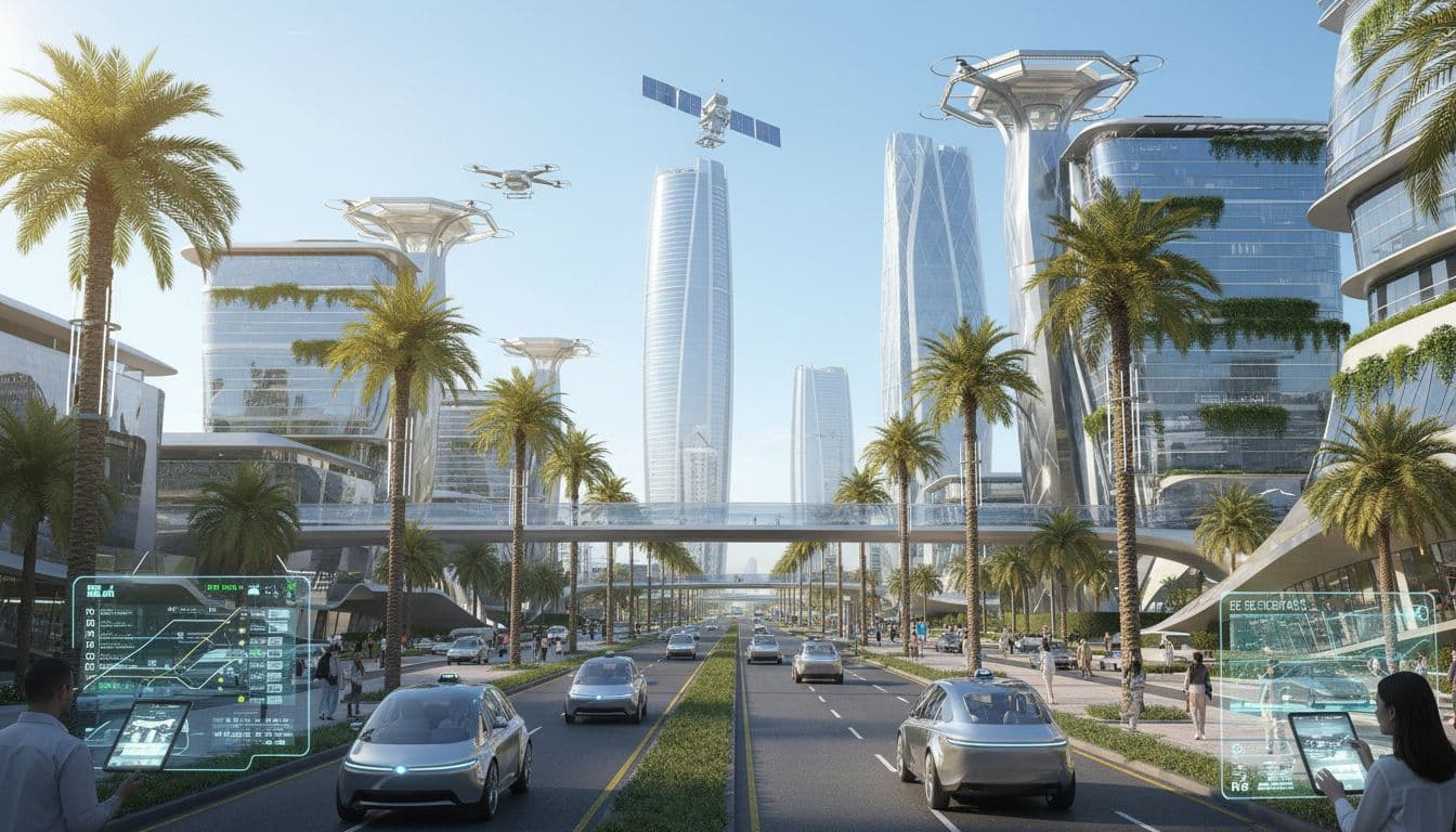 Futuristic Abu Dhabi street with robotaxis and electric air taxis