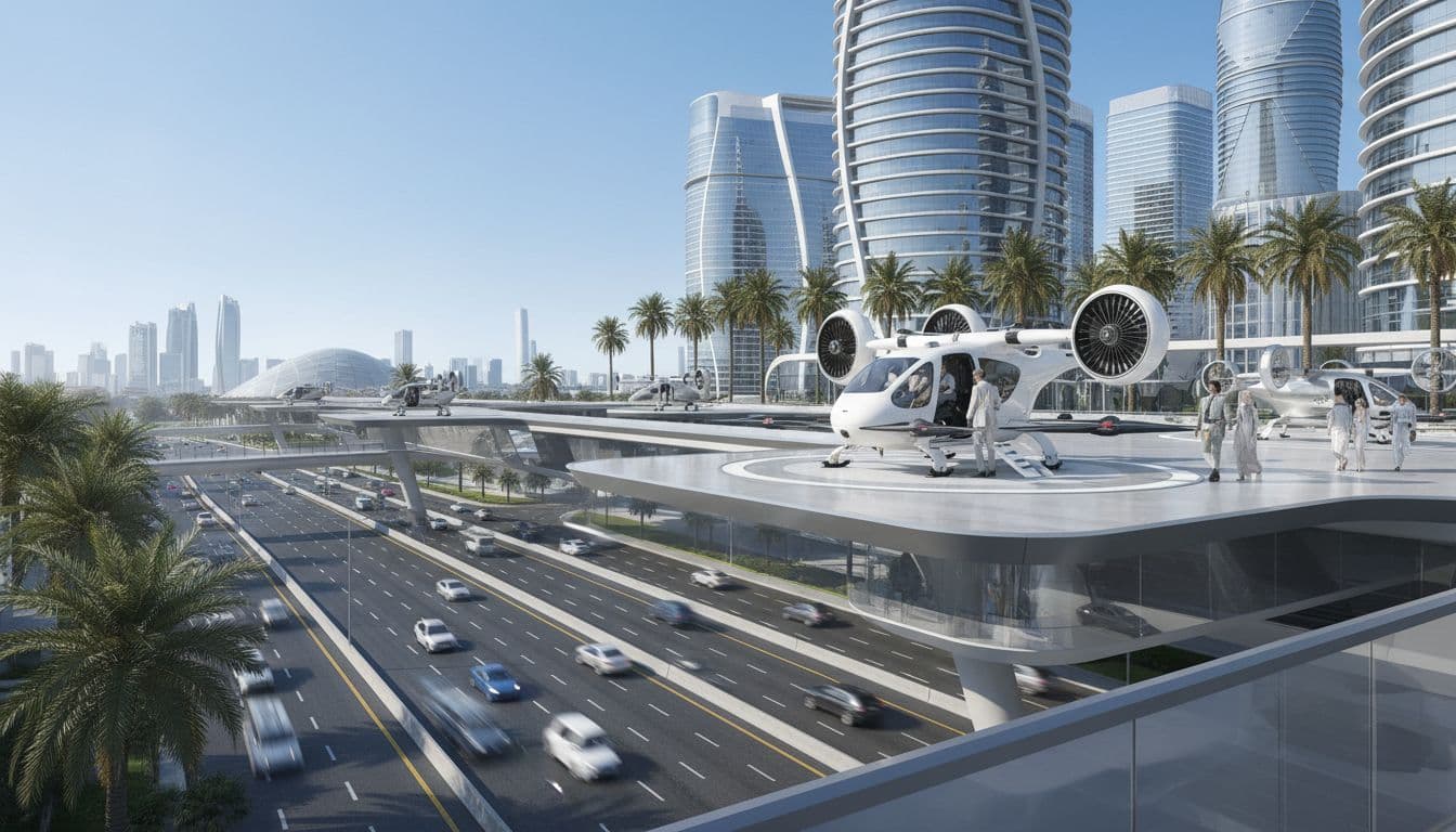 Photorealistic vertiport in Abu Dhabi with eVTOL flying taxis and passengers boarding