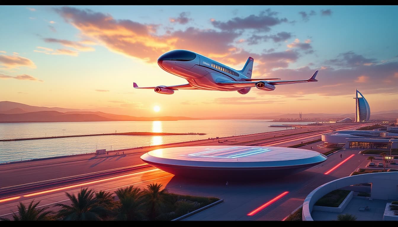 Futuristic air taxi vertiport in Ras Al Khaimah at sunset, with eVTOLs hovering above a coastal platform. Image created with AI