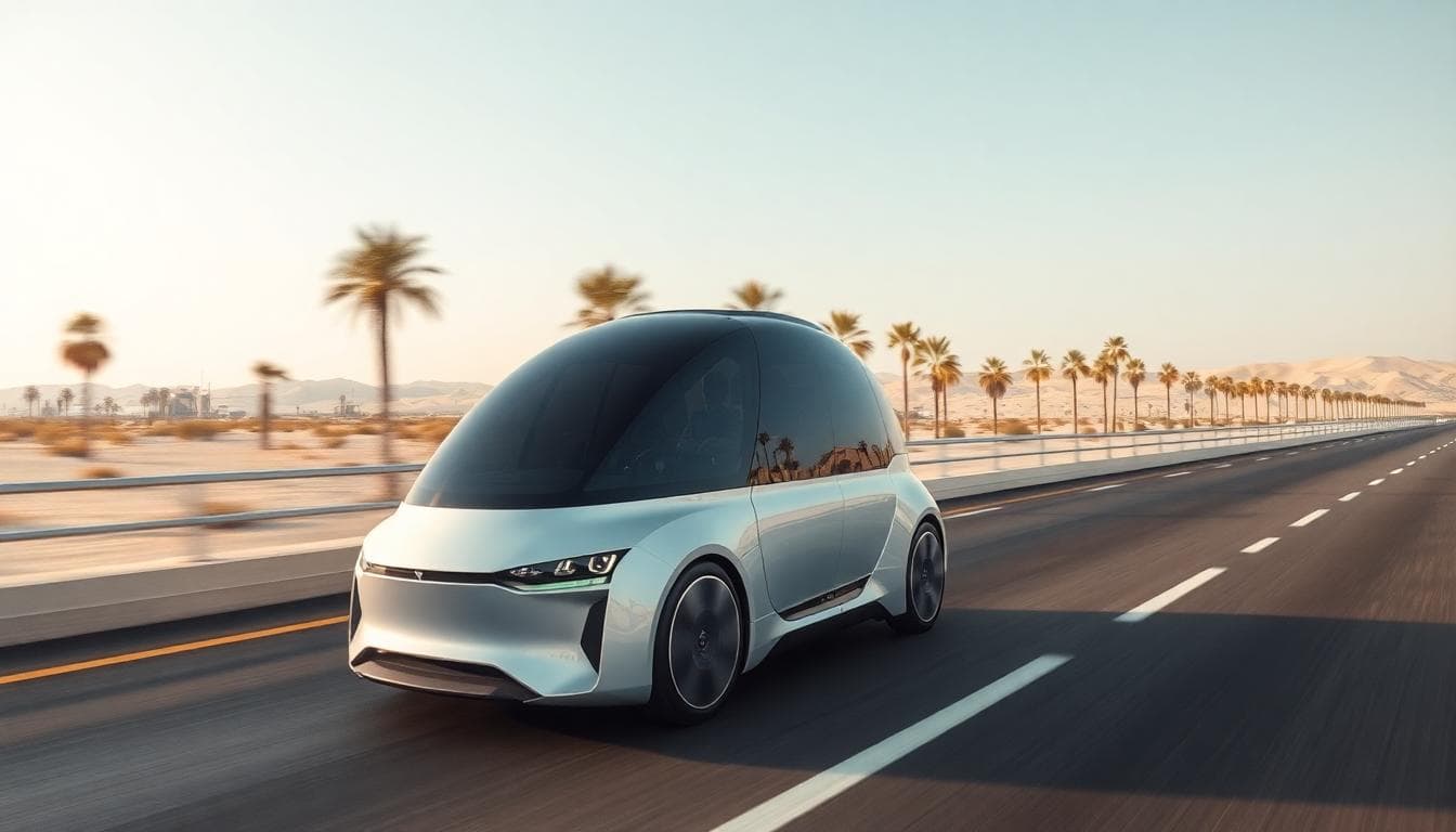 Futuristic autonomous EV driving on a highway in Abu Dhabi with palm trees and desert backdrop