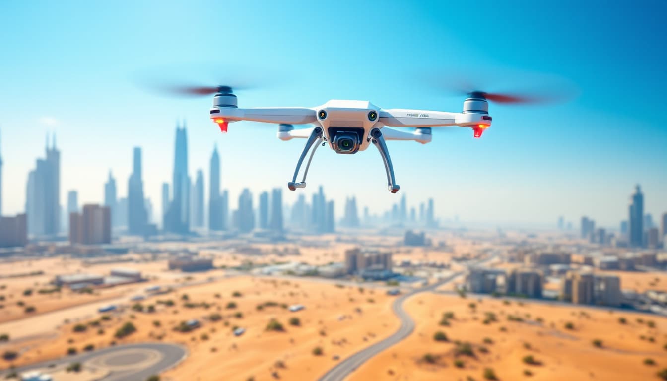 AI image of a drone flying safely near Dubai under clear skies