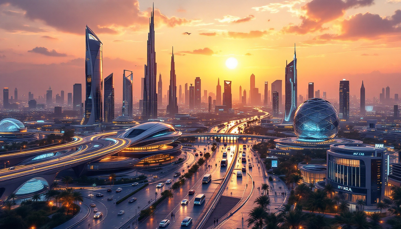 A highly detailed photorealistic digital cityscape of the UAE at dusk showing futuristic smart infrastructure, autonomous transport, AI command centres, sleek government buildings, and a vibrant tech hub. The mood is confident and forward-looking, with warm sunset colours and a clear sense of progress and governance. Image created with AI.