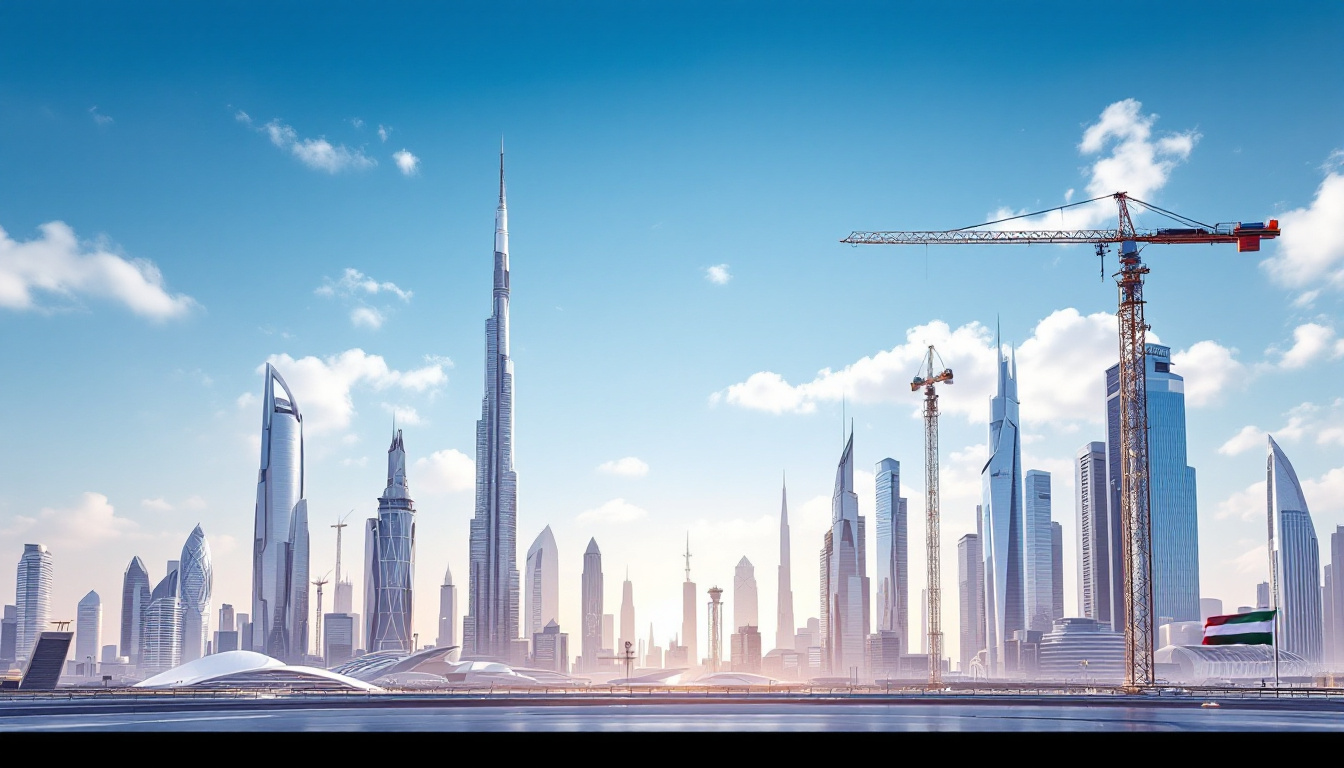 A futuristic UAE skyline showing rapid national development, with cranes, modern towers, and a waving UAE flag against a clear sky. Image created with AI.