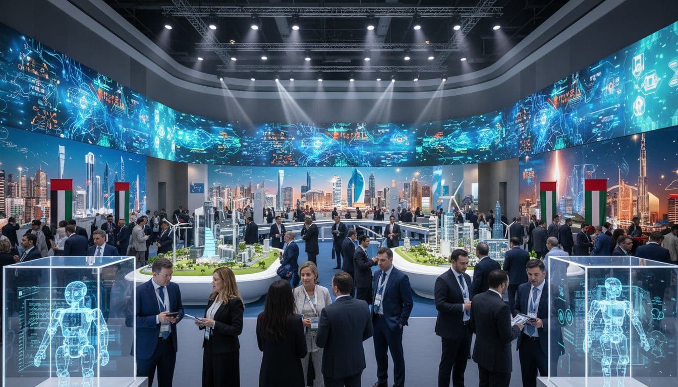 GITEX Global 2025 exhibition floor with AI demos, smart city models, and networking across tech booths in Dubai World Trade Centre