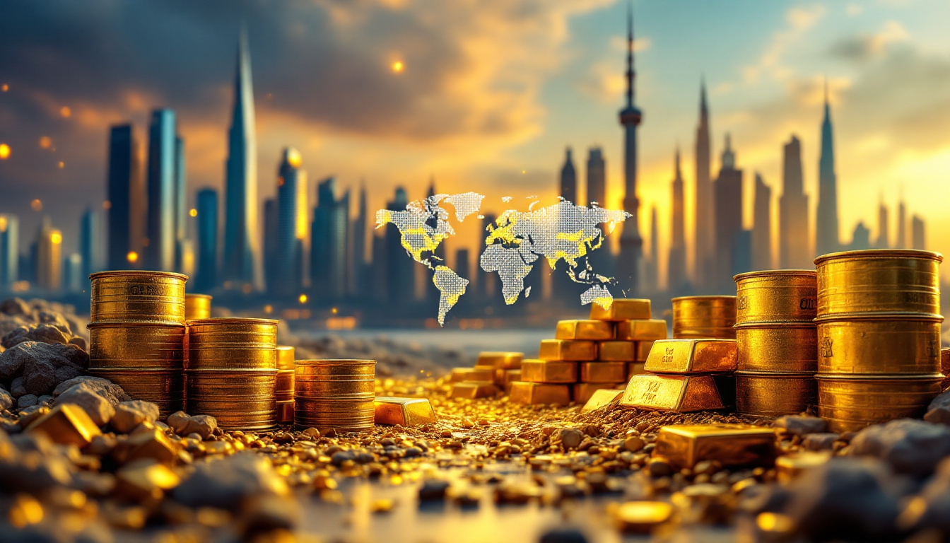 Gold bars, oil barrels, and diplomatic icons in front of Dubai’s skyline with a sense of economic optimism and policy focus. Image created with AI.