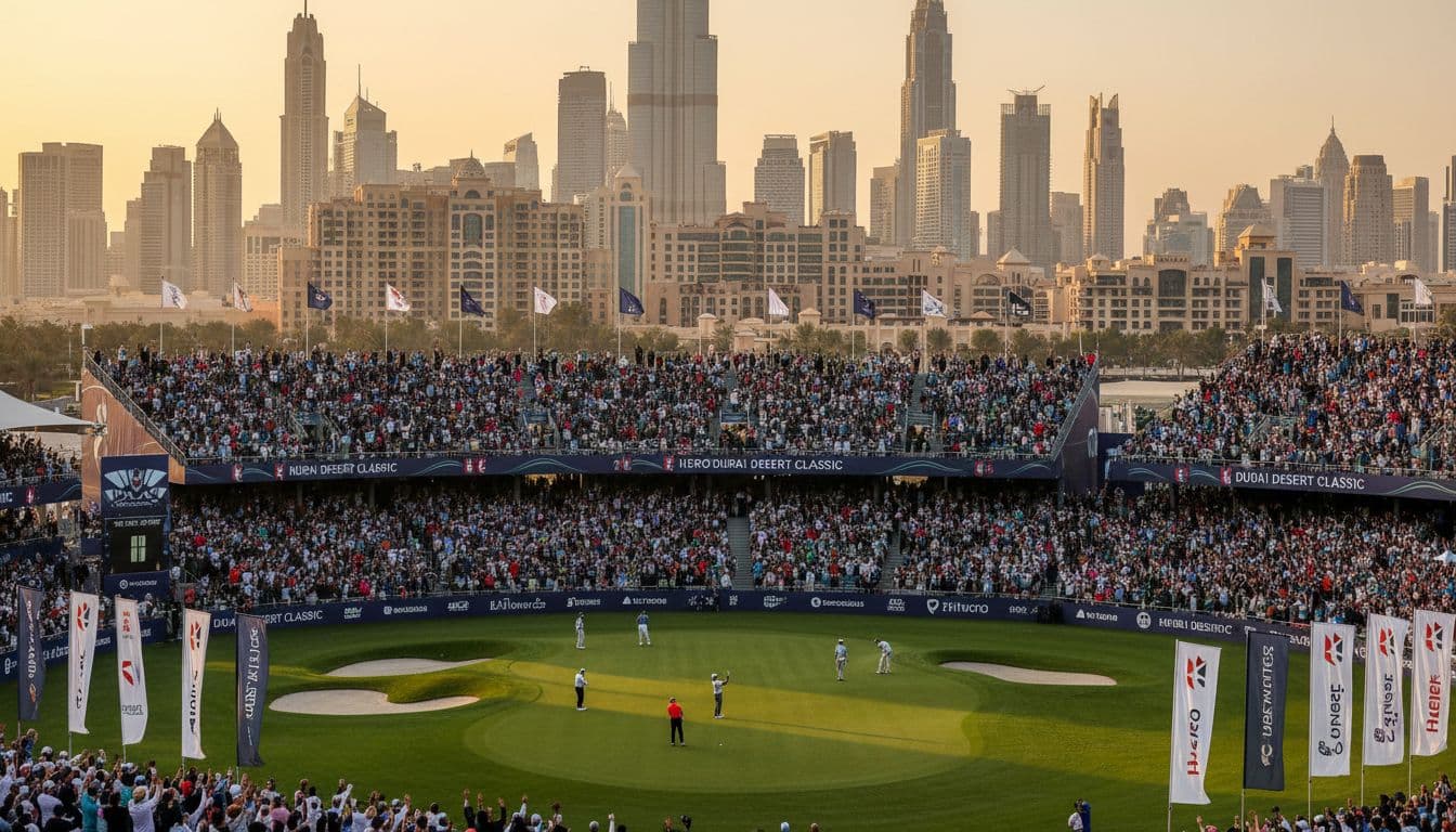 Sports event in Dubai stadium at dusk with golfers on the green, Dubai skyline backdrop, cheering crowd, and Hero Dubai Desert Classic banners under golden hour lighting.