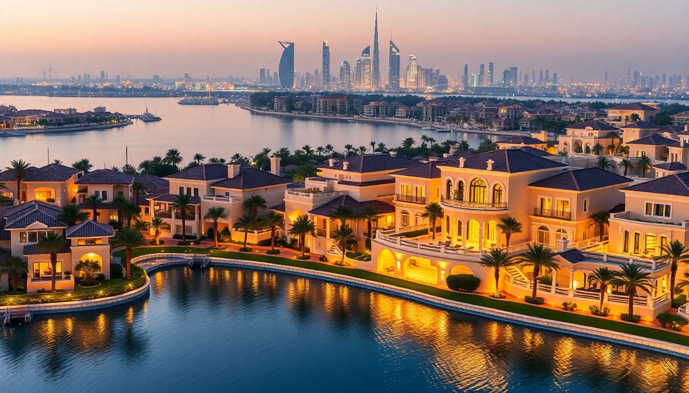 Jumeirah Bay luxury villas and Dubai skyline, ultra-luxury real estate. Image created with AI.