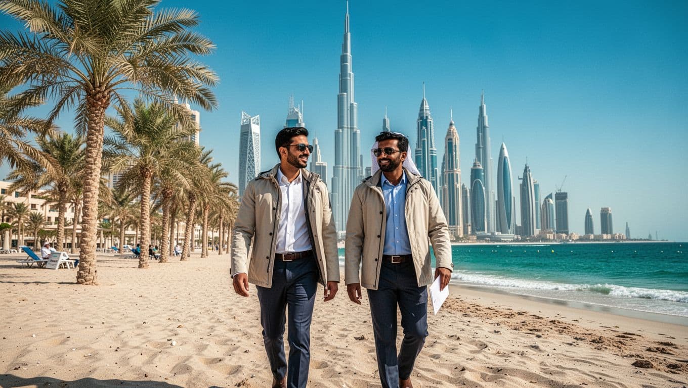 Diverse Arab and South Asian business professionals in light jackets walk on Jumeirah Beach during a sunny winter day in Dubai UAE, with palm trees, clear blue sky, comfortable 20-25C weather, and modern skyline background.