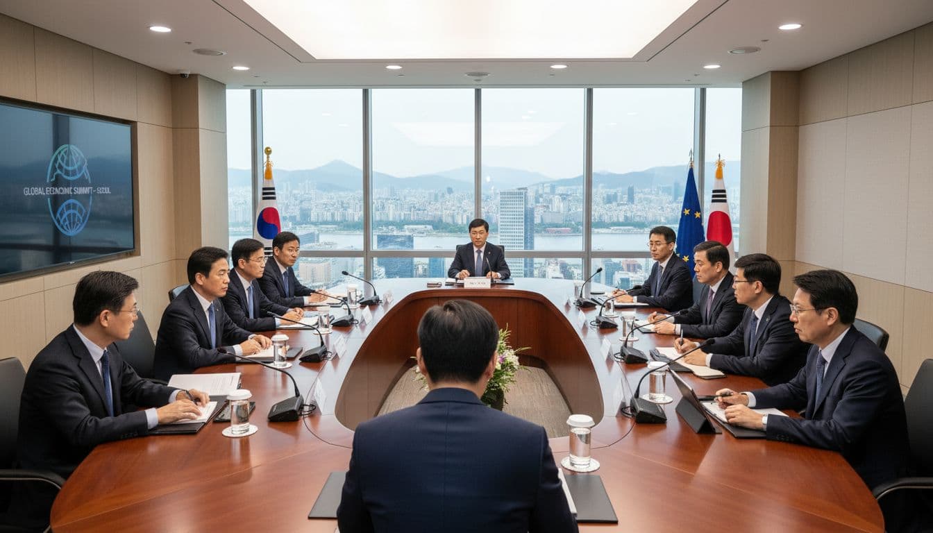 APEC delegates in a modern conference hall in Korea, discussing trade and innovation, Image created with AI