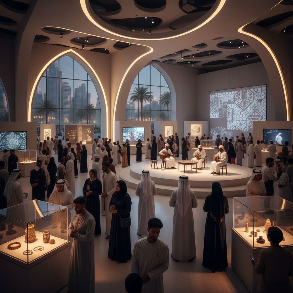 AI image showing a lively UAE cultural gathering with museum exhibits and filmgoers