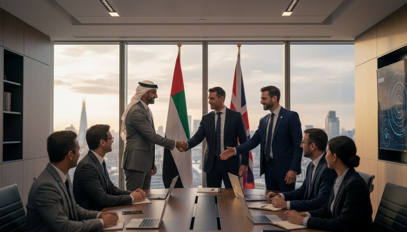 Abu Dhabi delegation meeting UK partners in London with flags and a skyline view