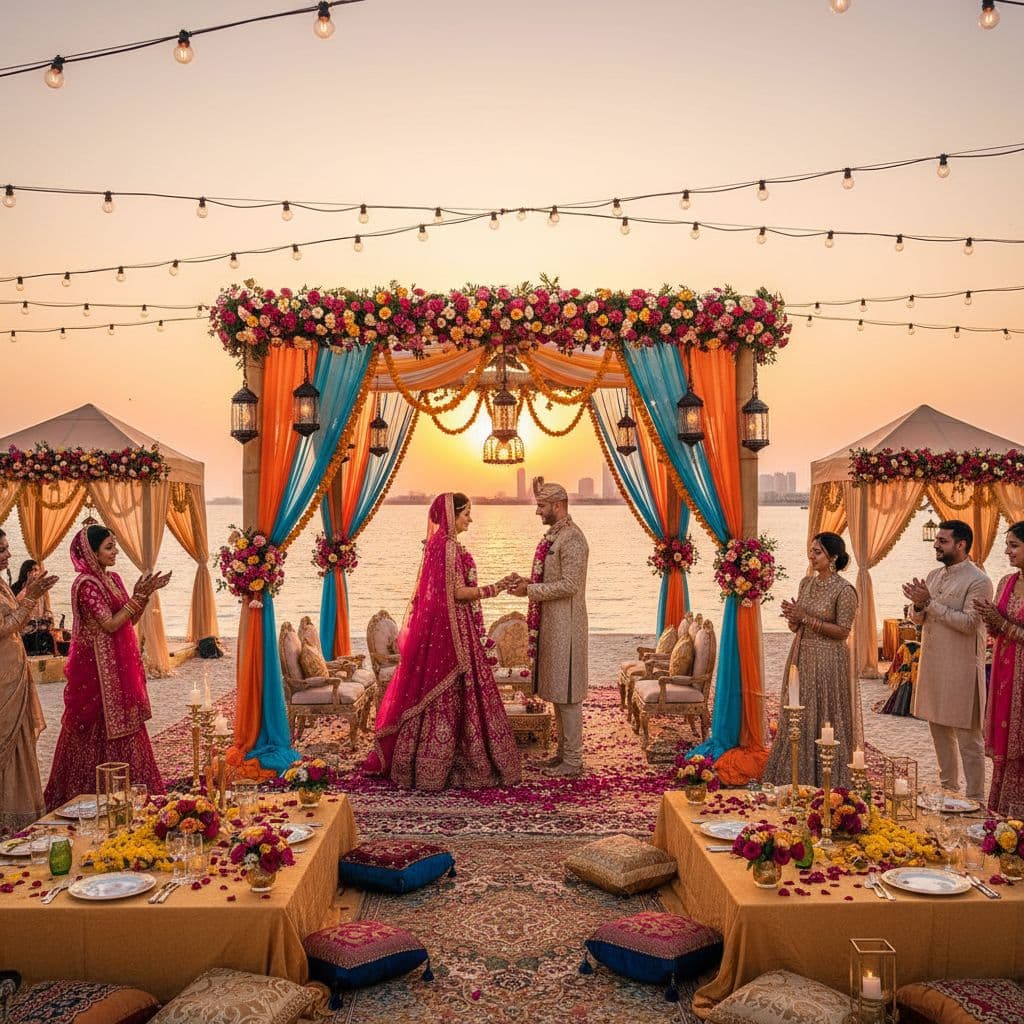 Luxury Indian destination wedding at a beach resort in Abu Dhabi at sunset.