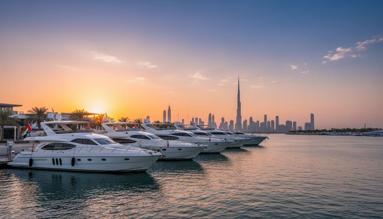 Yachts in a modern UAE marina at sunset