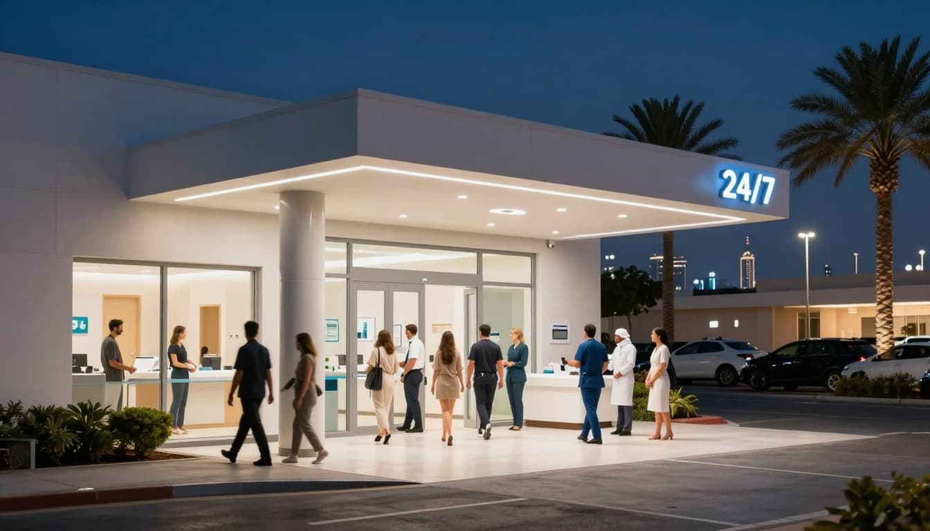 Modern health clinic exterior in Dubai at night, illuminated with a 24/7 sign, diverse patients entering, staff in uniforms welcoming, palm trees and city lights in the background, clean professional realistic photo.