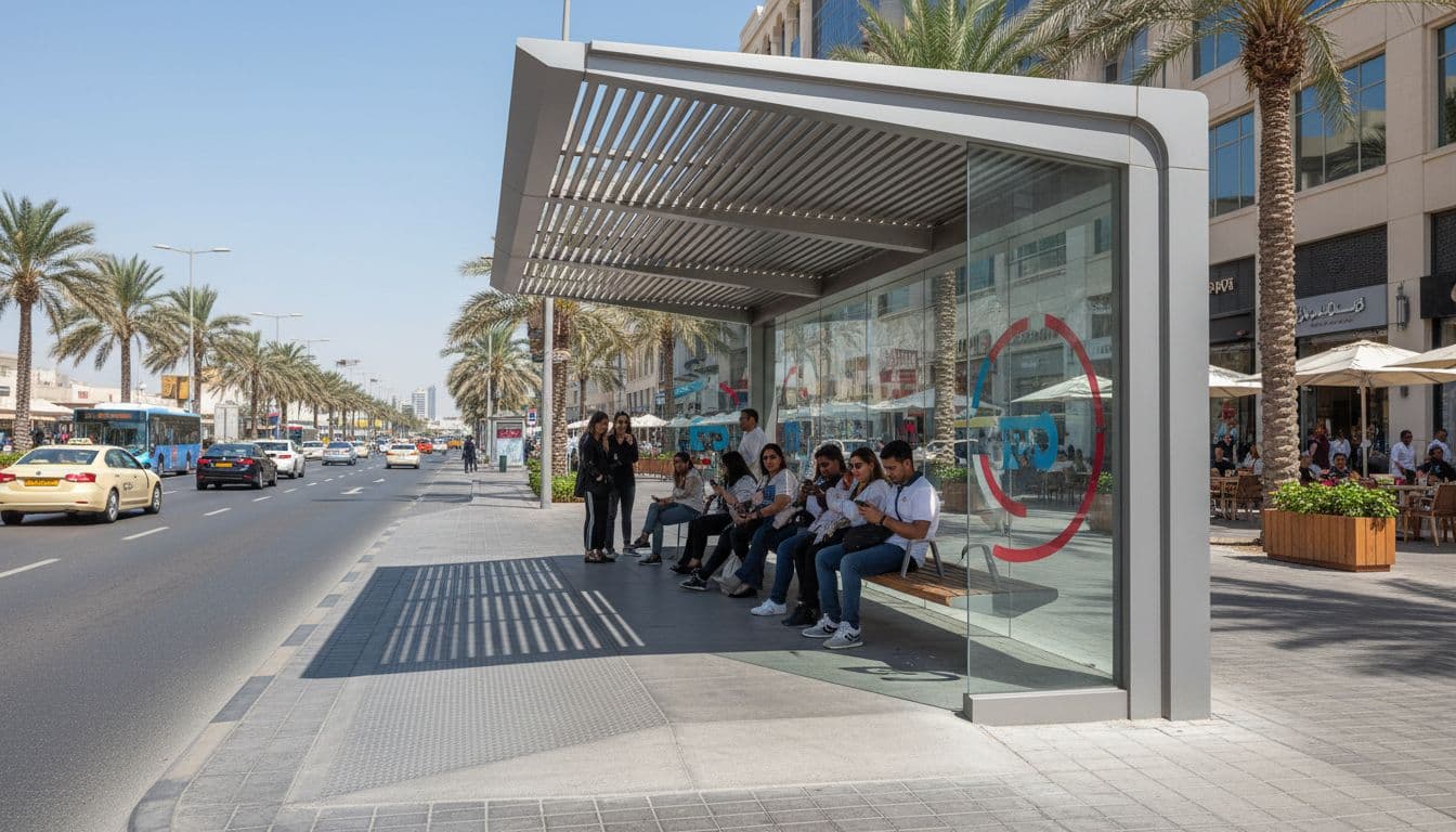 Modern Dubai bus shelter with shaded seating and accessible ramp. Image generated by AI.