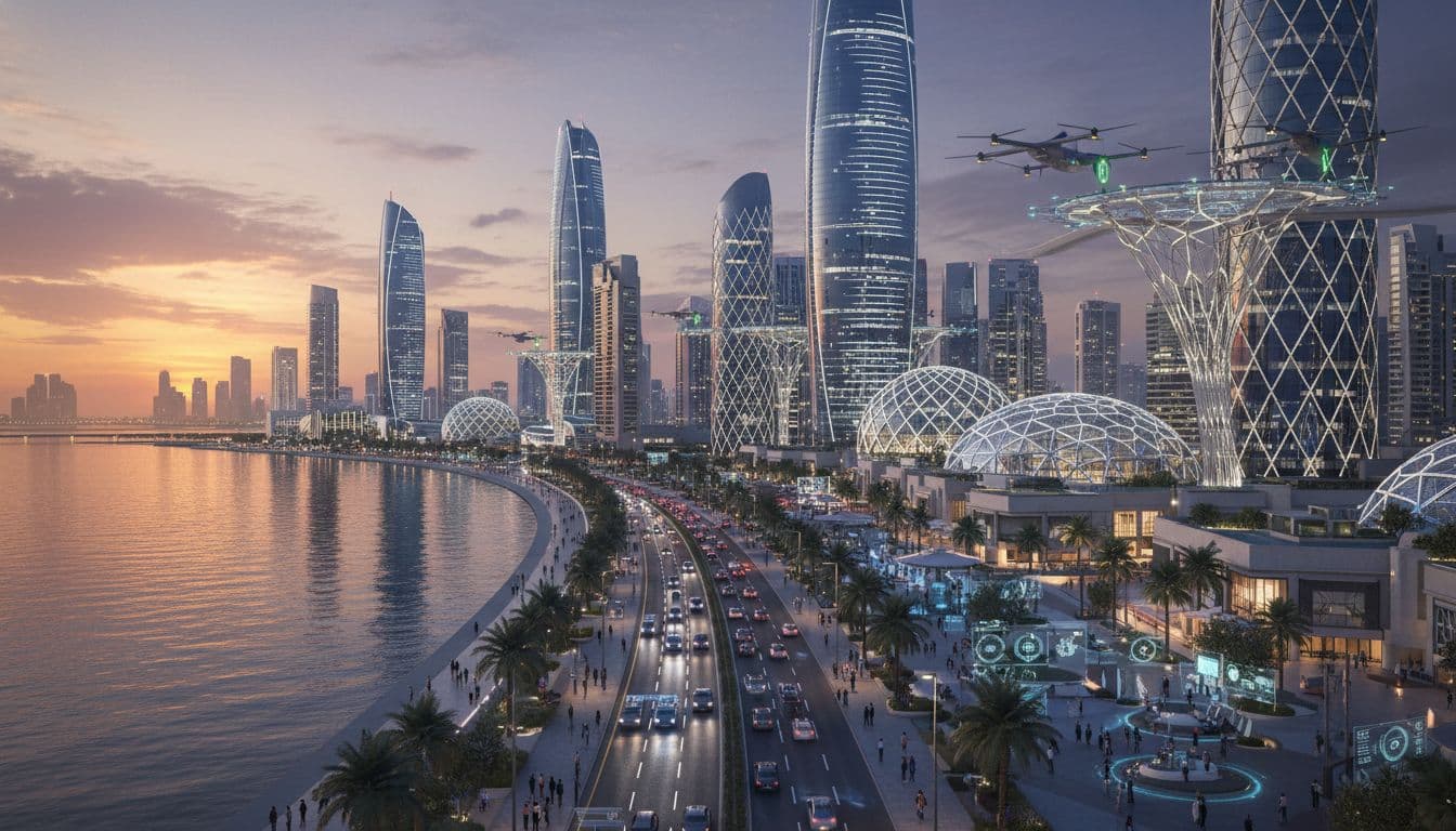 Modern Abu Dhabi skyline at dusk with futuristic transport and people walking in a smart community