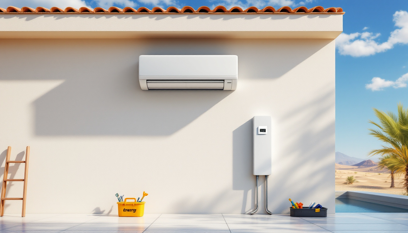 A modern UAE home exterior with an efficient split air conditioning unit and visible maintenance tools. The setup visually highlights proactive home AC maintenance in a desert climate. Image created with AI.