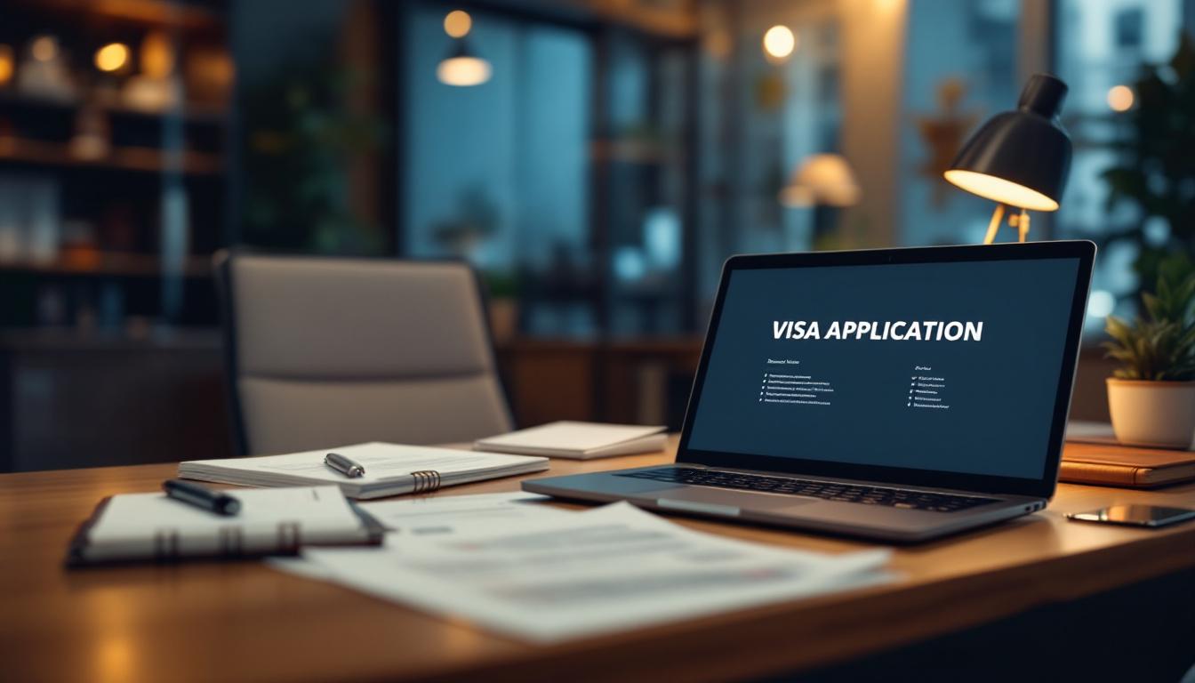 A modern visa application desk in Abu Dhabi, with official documents and a UAE flag. Image created with AI.