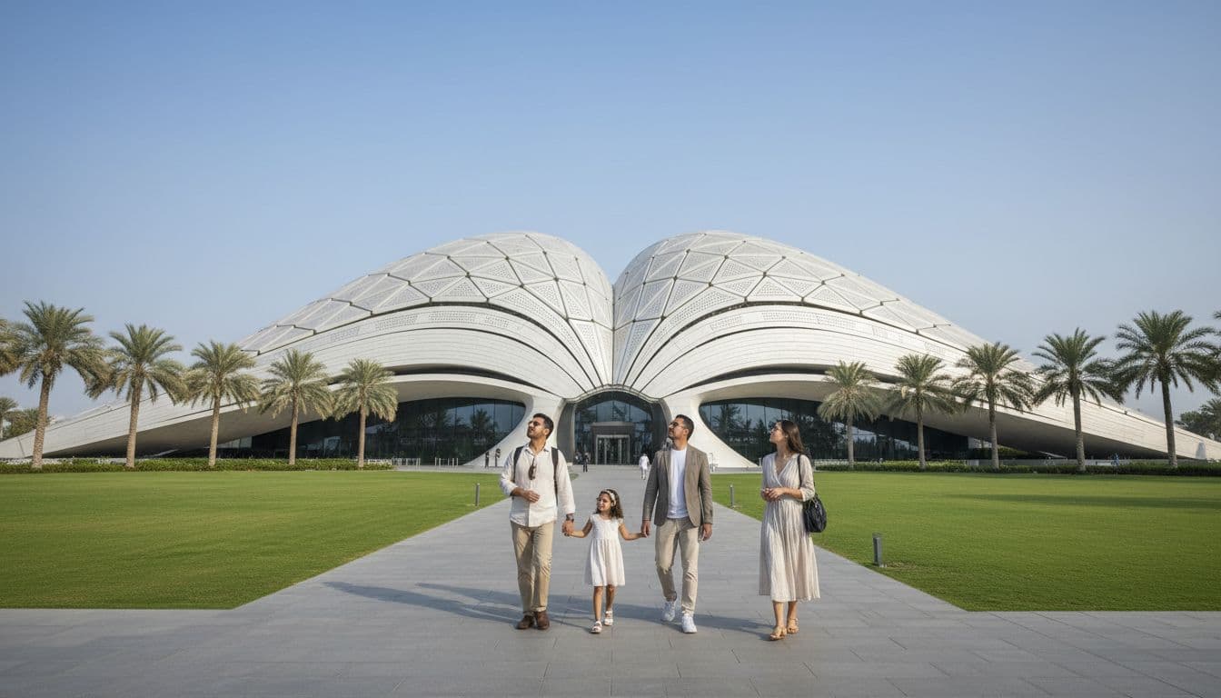 Grand exterior of Mohammed Bin Rashid Library in Dubai, modern geometric dome architecture glowing in daylight, quiet entrance with three adults and one child on green lawns under clear blue sky.