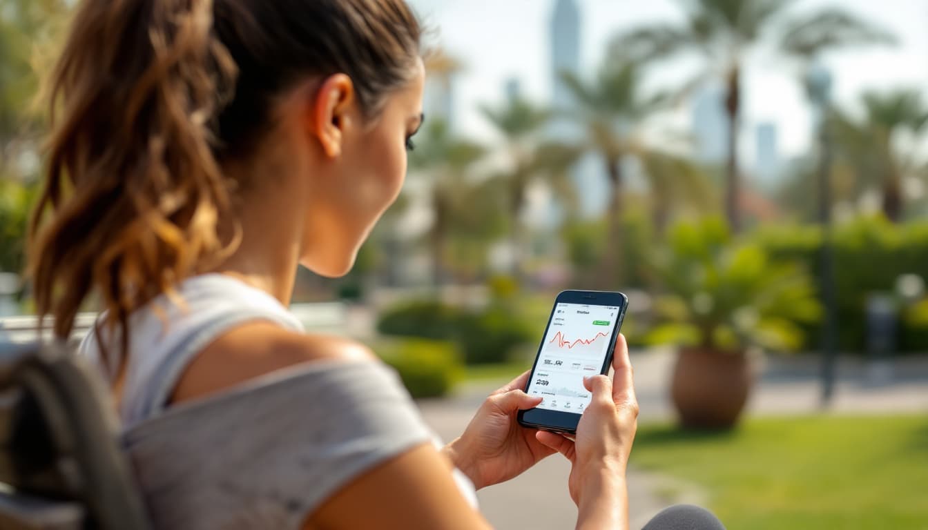 A motivated participant in activewear checks a fitness app on their phone while sitting on a bench in a sunny Dubai park, with palm trees and skyline in the background