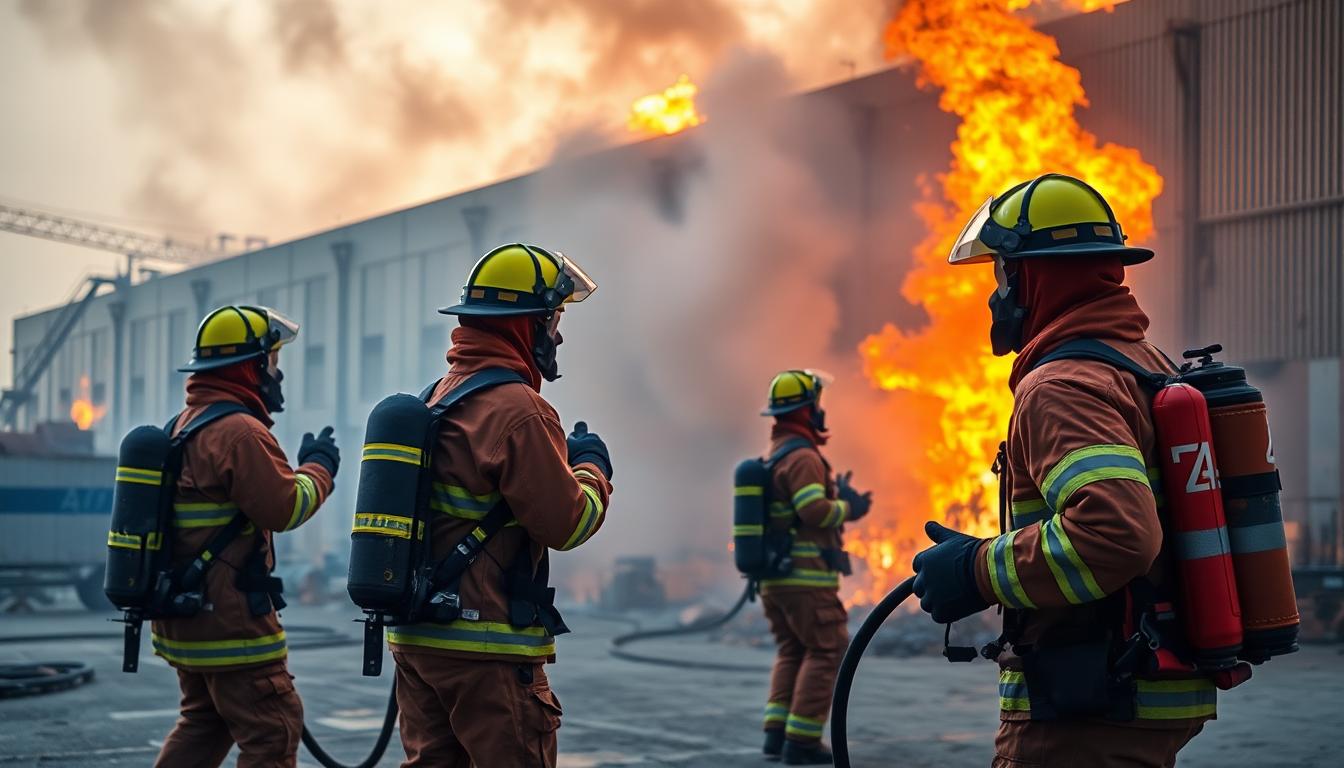 Firefighters controlling a warehouse blaze in Mussaffah, Abu Dhabi, coordinated response with cooling and smoke extraction.