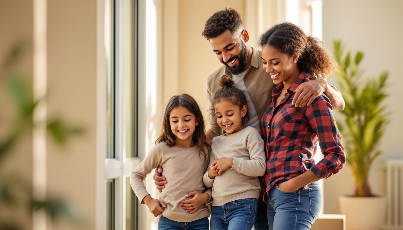 A newcomer family in Abu Dhabi moving into their new home, with boxes and paperwork for setting up daily life. Image created with AI.