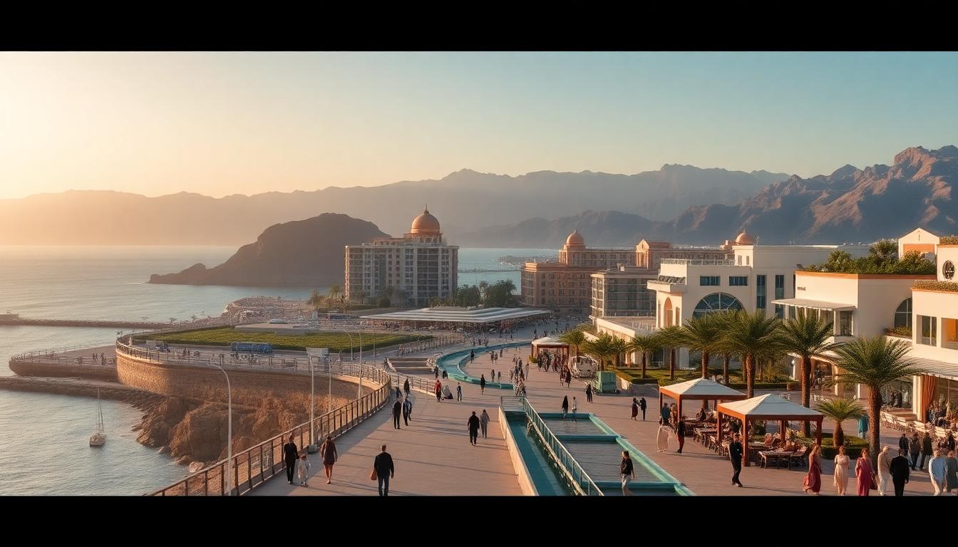A modern coastal cityscape in the Northern Emirates, featuring green buildings, lively promenades, and the Hajar mountains in the background. Image created with AI.