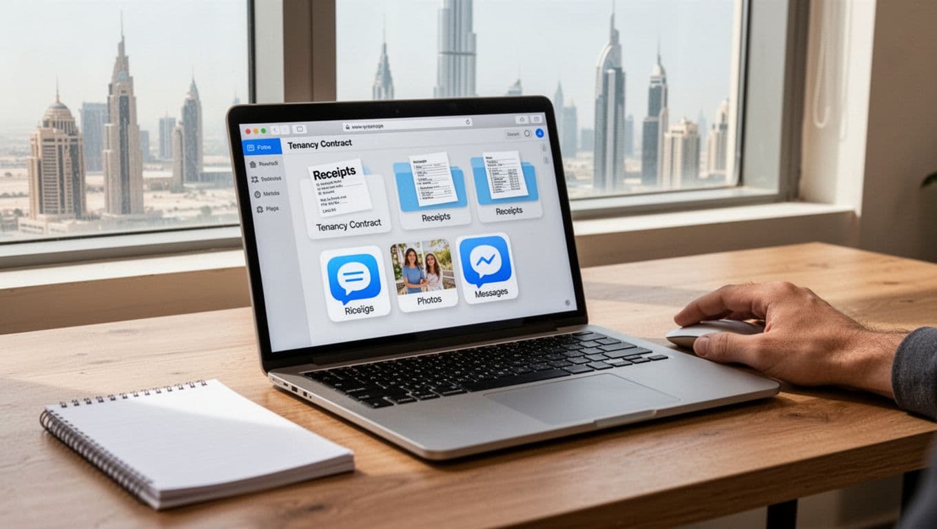 Close-up of open laptop on wooden desk showing folder icons for tenancy contract, receipts, photos, and messages in a digital filing system, subtle Dubai skyline through window, natural daylight.