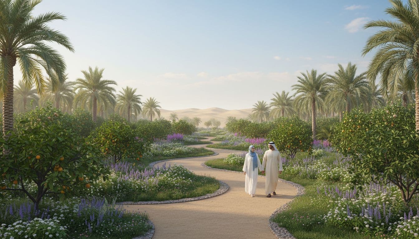 Serene lush green farm gardens in Dubai Al Barari style with wide walking paths among trees and flowers under calm morning light, featuring a relaxed couple strolling with hands visible but not gripping and a distant desert horizon.