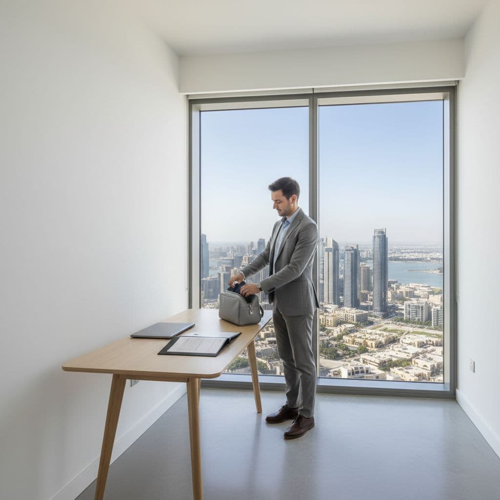 Person packs small bag in bright modern Dubai apartment with panoramic city view.