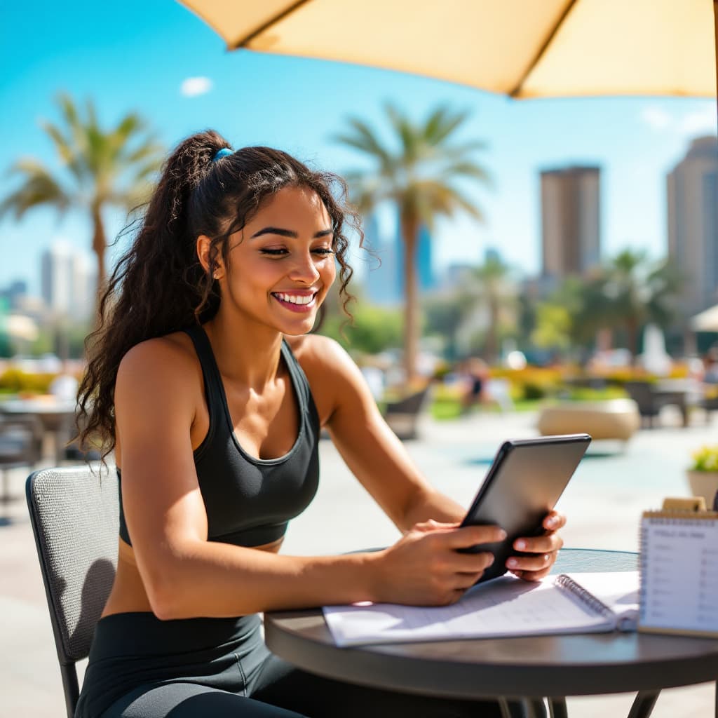 A focused participant planning a 30-day routine at a sunny Dubai cafe with Safa Park in the background
