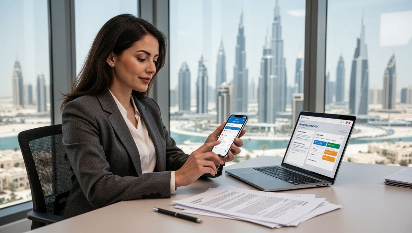 A professional woman in business attire uses a smartphone app for rental dispute tracking at a modern Dubai apartment desk with city view and nearby laptop.