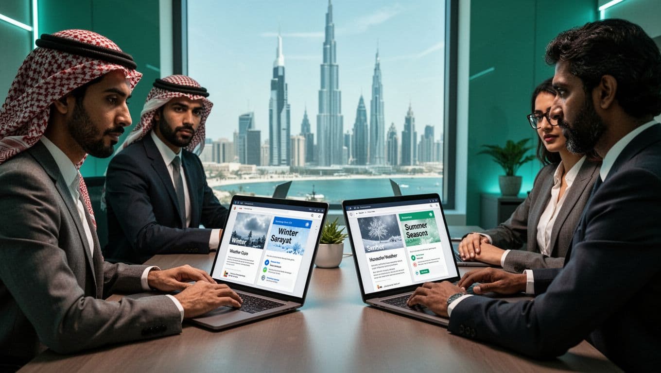 Diverse Arab and South Asian business professionals in a modern UAE office with Dubai skyline, bookmarking and reading digital guides on winter, Sarayat, and summer weather seasons on laptops and tablets in a relaxed setting.