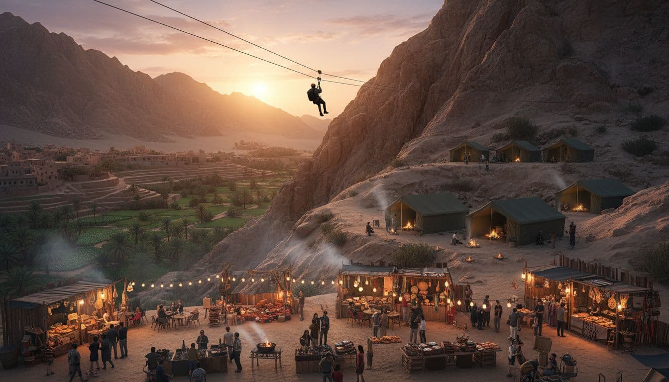 Ras Al Khaimah mountains with zipline, camp, night market and Masfout village