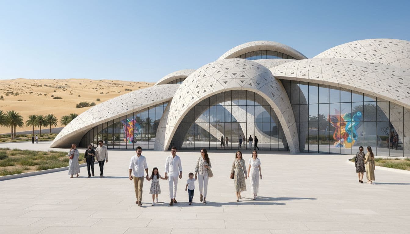 Saadiyat Island museum concept, contemporary design with visitors arriving, Image created with AI