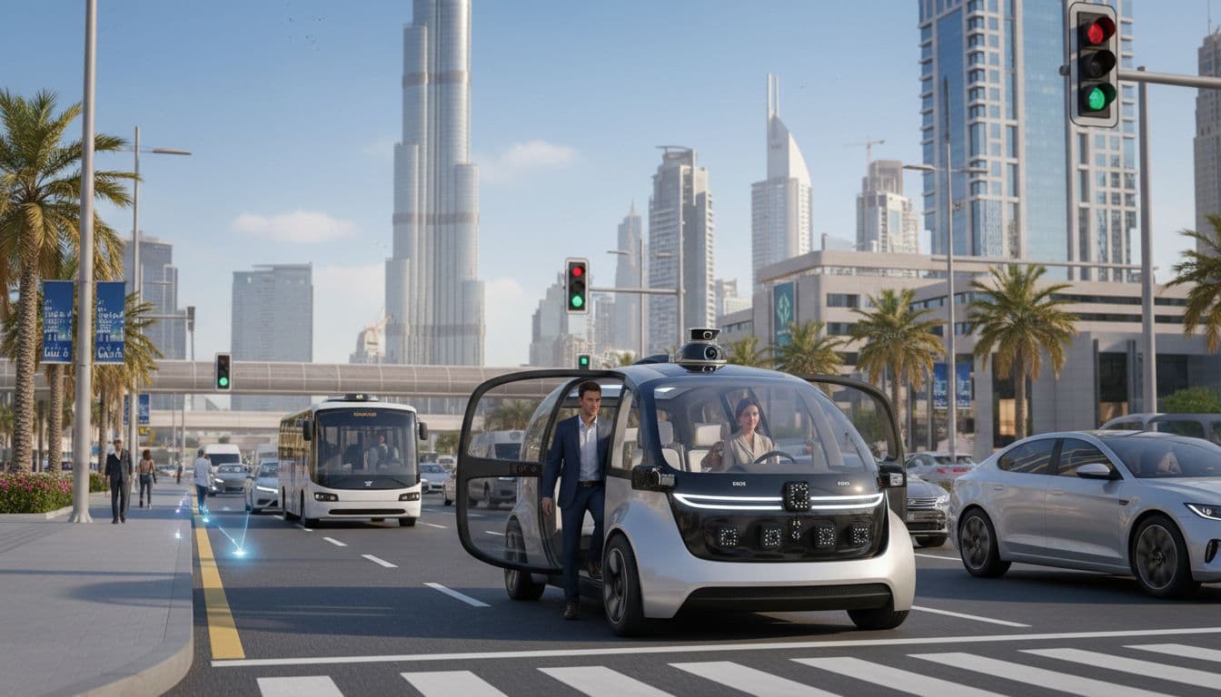 Self-driving robo-taxi on a Dubai road with skyscrapers in the background
