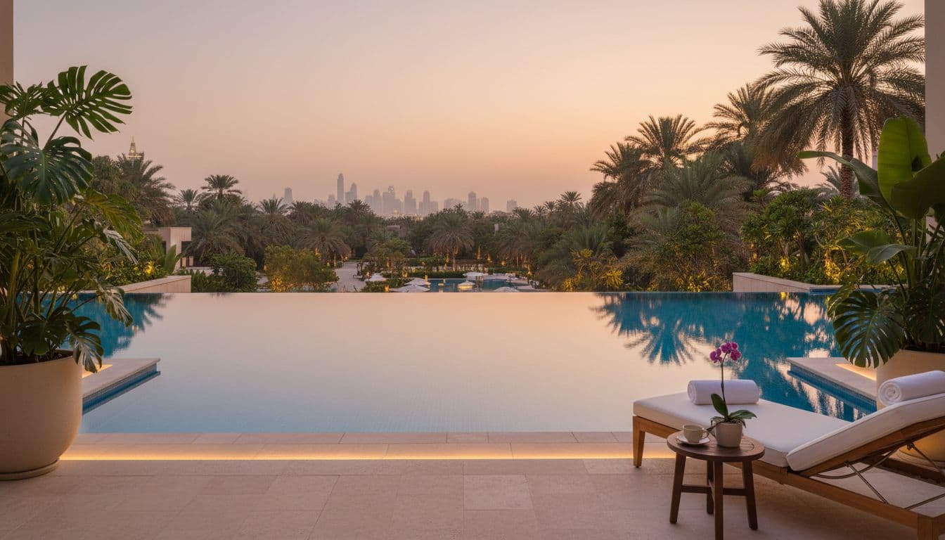 Peaceful spa relaxation area in a luxury Dubai resort with infinity pool overlooking palm gardens, lounger with towel, tropical plants, and soft evening light, empty serene scene.