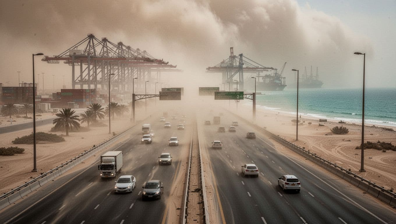 Intense Shamal winds whip up a dust storm on a Dubai highway during UAE summer, creating sand haze with low visibility as cars slow down near port cranes.