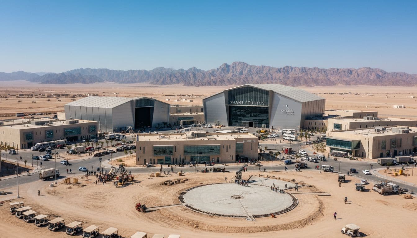 Modern Shams Studios film production complex in Sharjah with soundstages and crews