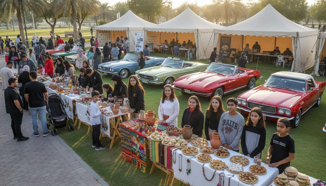 Sharjah Al Qarayen Park during Ruwad Business Stars event with student stalls and classic cars, image created with AI
