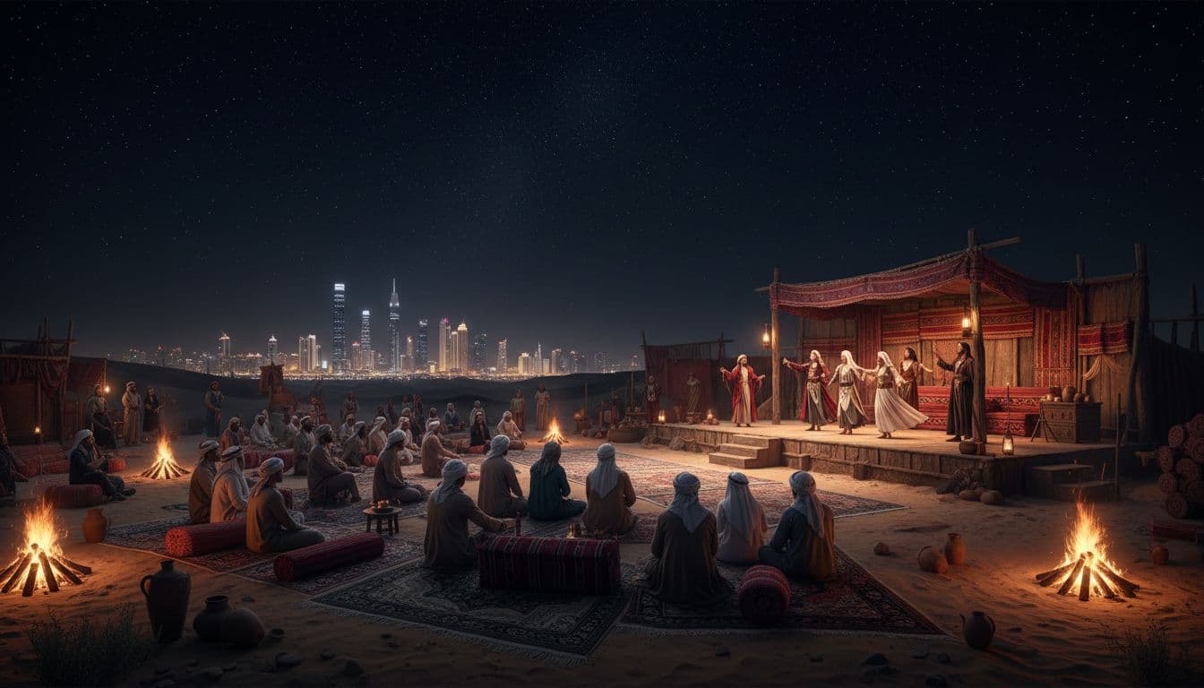 Sharjah Desert Theatre Festival performance in the desert at night