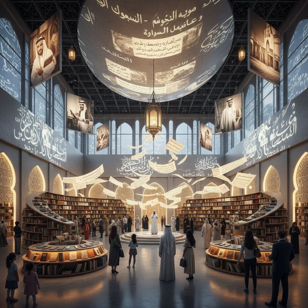 Sharjah’s House of Wisdom hosting an immersive poetry and culture exhibition, with visitors exploring installations. Image created with AI.