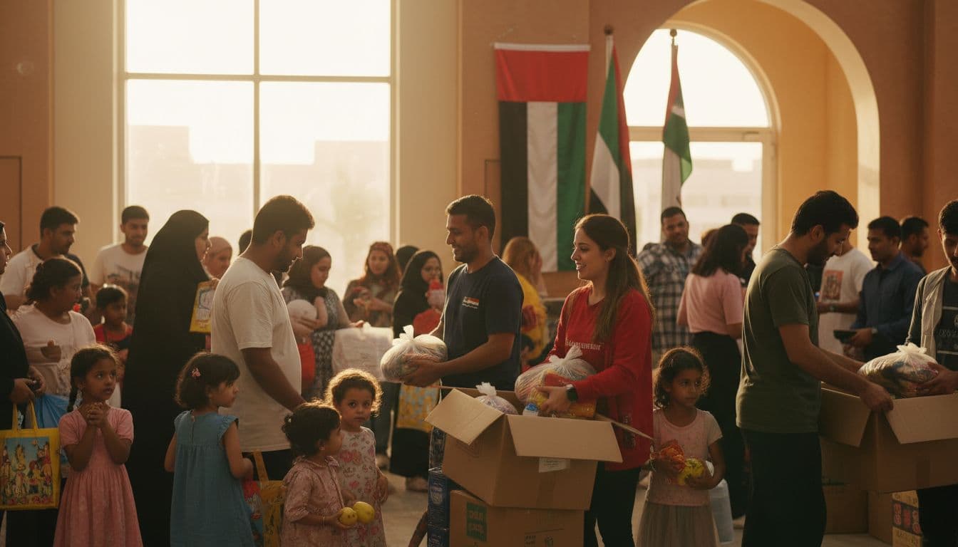 Volunteers in Sharjah distributing food and essentials at a community centre