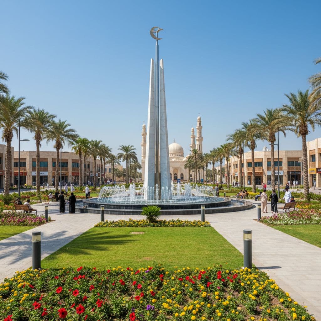 Redeveloped Independence Square in Sharjah with monument, fountains, and people walking