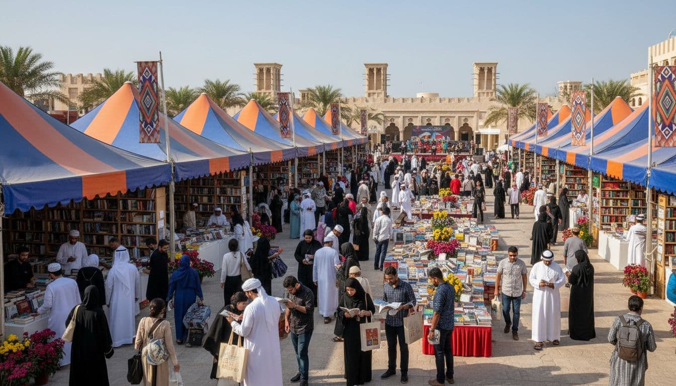 AI generated illustration of Sharjah International Book Fair with families and volunteers browsing books under large tents on a sunny day