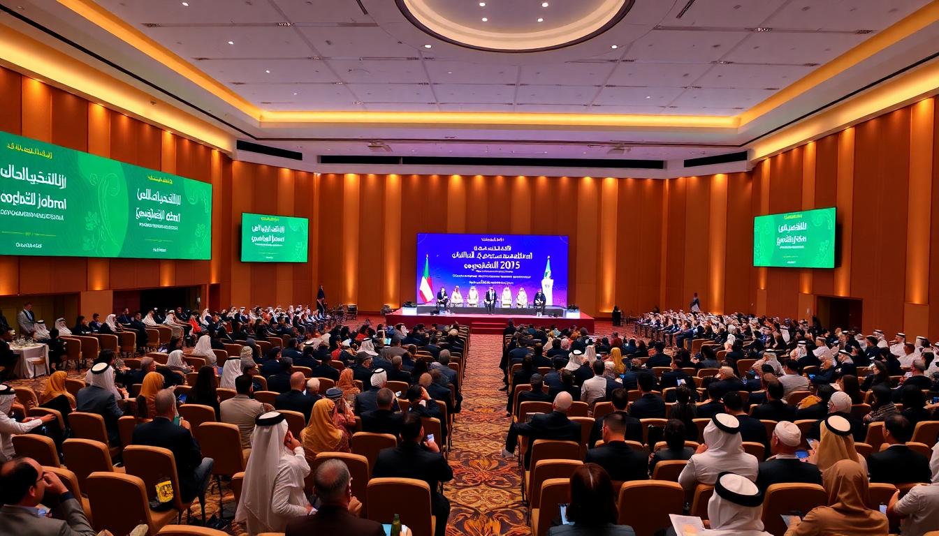 Sharjah International Government Communication Forum 2025, opening session with a diverse audience, banners, digital screens, and energetic diplomatic mood. Image created by AI.