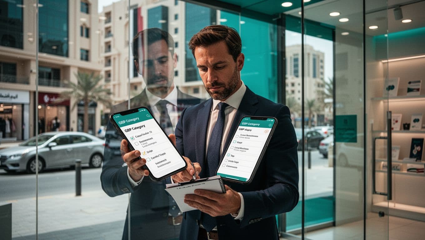 British male professional in modern Sharjah retail storefront, relaxed pose checking blurred GBP category checklist on phone with notepad, UAE urban street background, cinematic lighting.