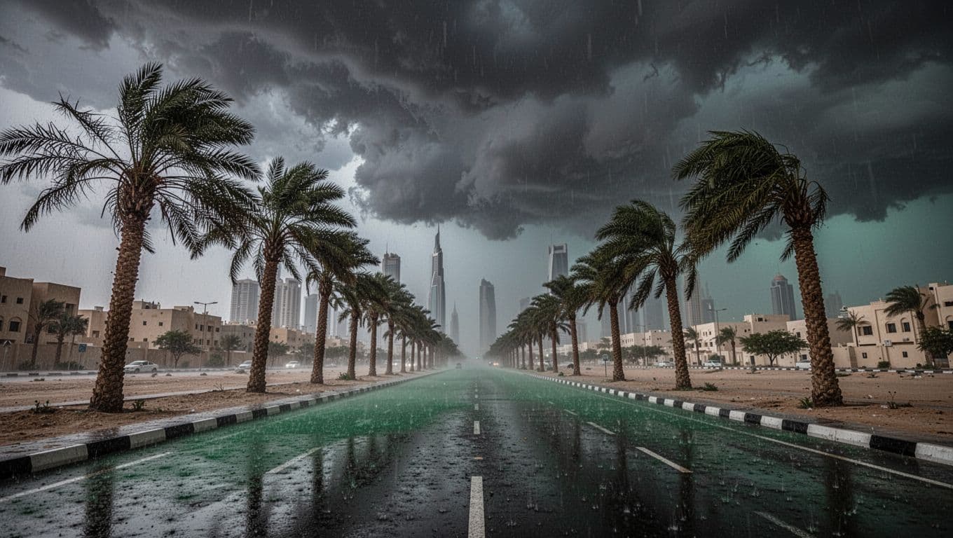 Dark thunderclouds suddenly form over Sharjah, UAE, during the Sarayat spring season, with gusty winds bending palm trees, reduced visibility around city buildings, and a brief heavy shower starting on wet roads. The eastern UAE landscape captures cinematic strong contrast, depth, and dramatic lighting in a wide professional photography view with no people.