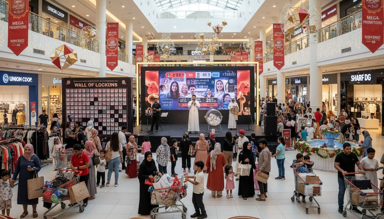 Busy shopping mall in Sharjah during promotions with families and prize activities.