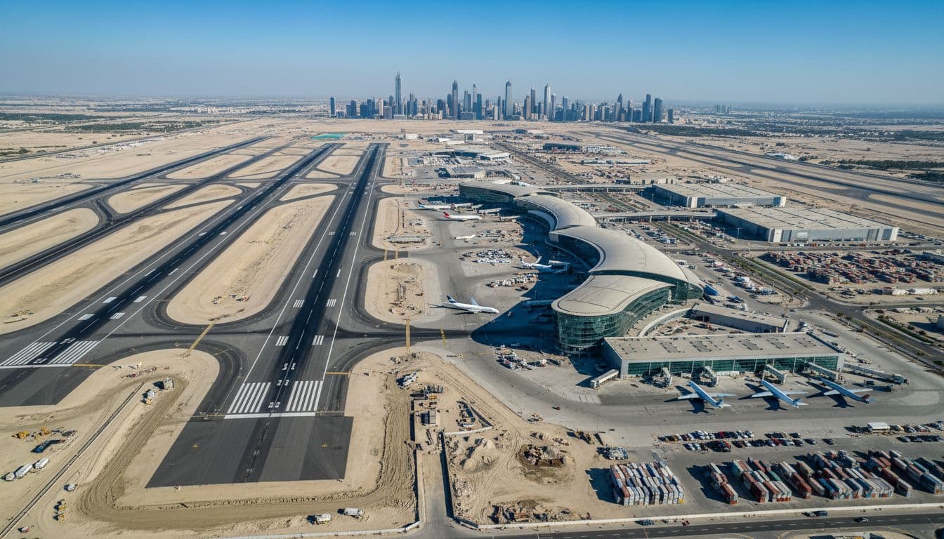 Aerial landscape photograph of major UAE airports under expansion, featuring new runways, modern glass terminals, cargo facilities, planes on tarmacs, desert surroundings, and distant Dubai skyline under clear blue skies.